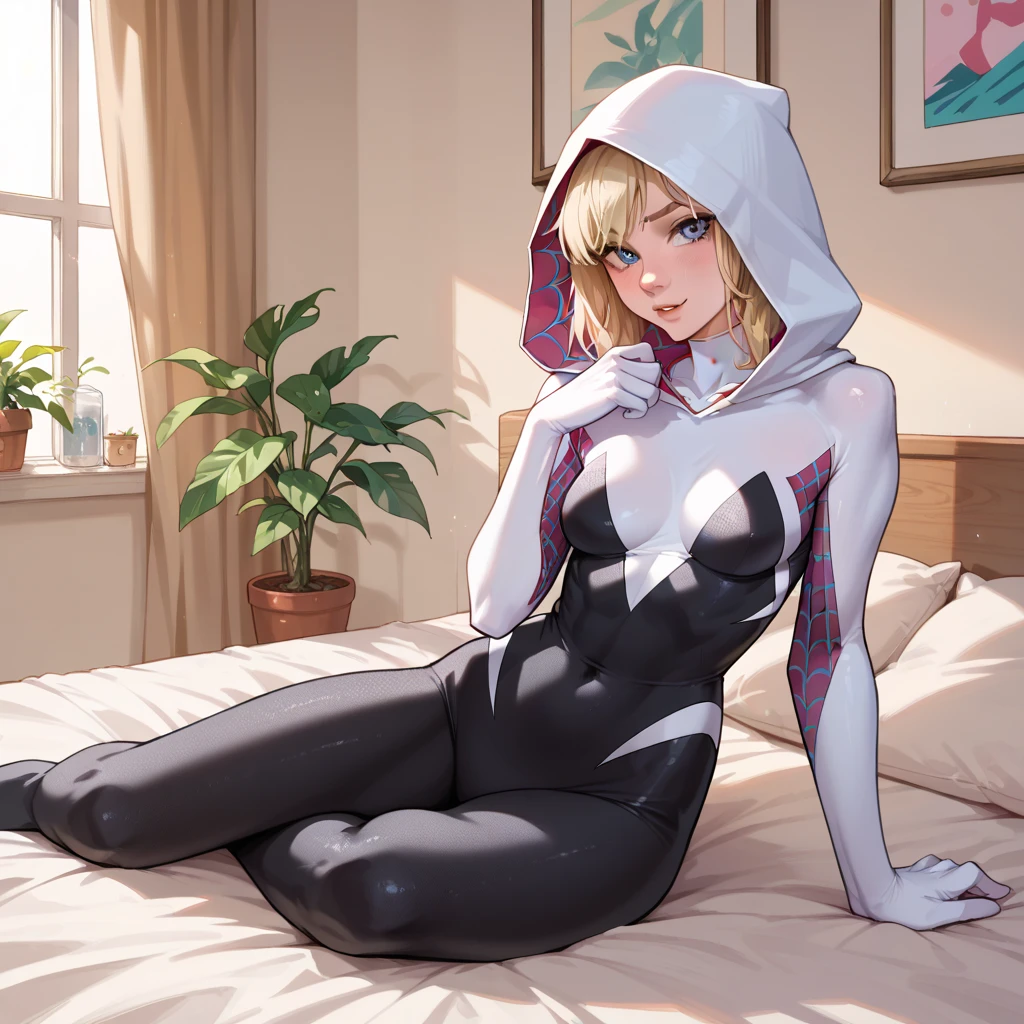 girl, short blond hair, comic accurate Spider Gwen costume, white and black costume with hood and purple web, combat stance, highly detailed, vibrant appearance, creative behavior, extremly detailed, imaginative, sensual, spontaneous, small breasts, sexi, revealing, highest quality, skin texture, intricate details, (cinematic lighting), RAW photo, 8k, masterpiece,best quality,ultra-detailed,very detailed illustrations,extremely detailed,intricate details,highres,super complex details,extremely detailed 8k cg wallpaper,