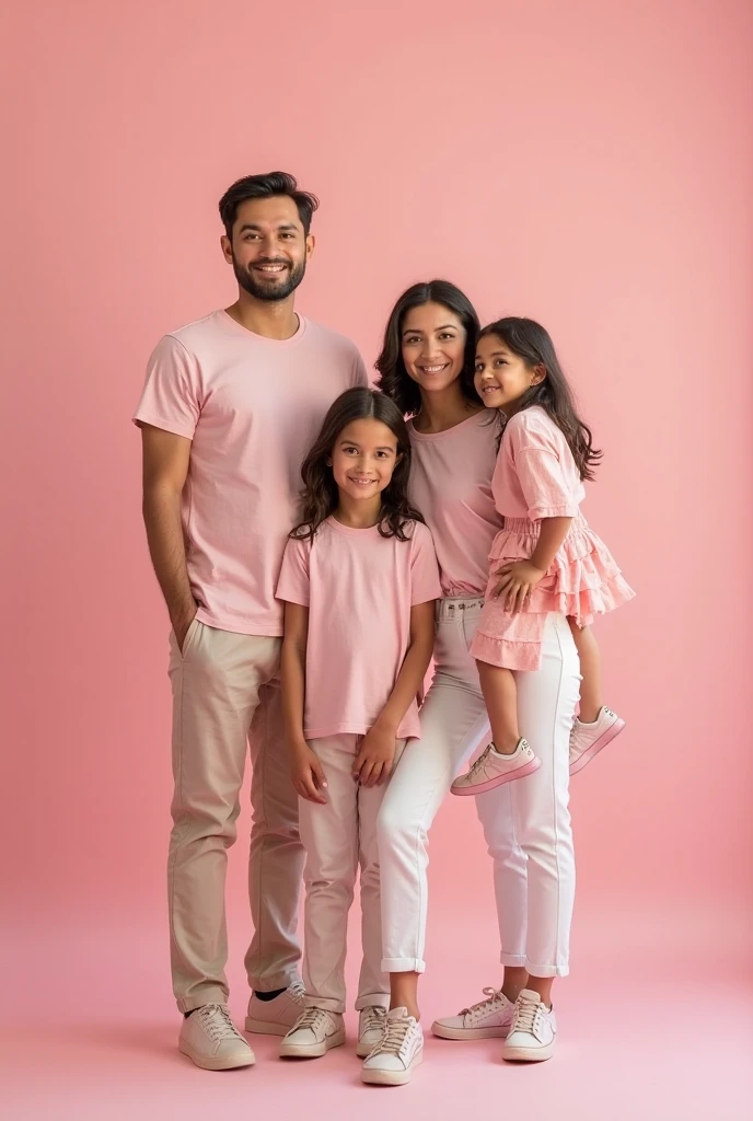 Man in blue t-shirt and jeans smiling holding hands with 3 year old girl with short hair smiling and wearing pink blouse