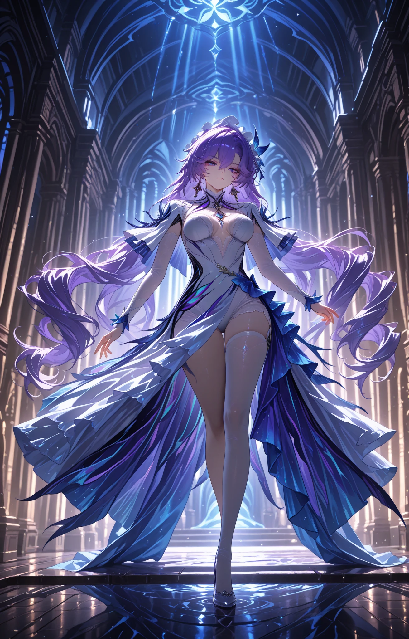 image of a woman (full body), covered in bandages, mummy portrait, lilac eyes, blue hair, high quality 8k detailed art, clean and detailed anime art, detailed anime character art,