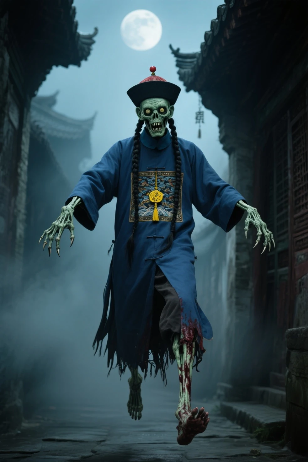 ((realistic))),((masterpiece), (best quality), ultra high res, (raw photo:1.2), (photorealistic:1.4), Exceptional detail, dramatic lighting, highres, 8k, absurdres, red dark sky, full moon, ancient Chinese building, Chinese tower, 3boy, ((Chinese_Qing_zombie:1.3), Zombie_hat, (closeup:1.5), jewelry, crowd of people, tongue out, <lora:Chinese_Zombie-000010:0.45> ,(awaitingtongue:0.6)