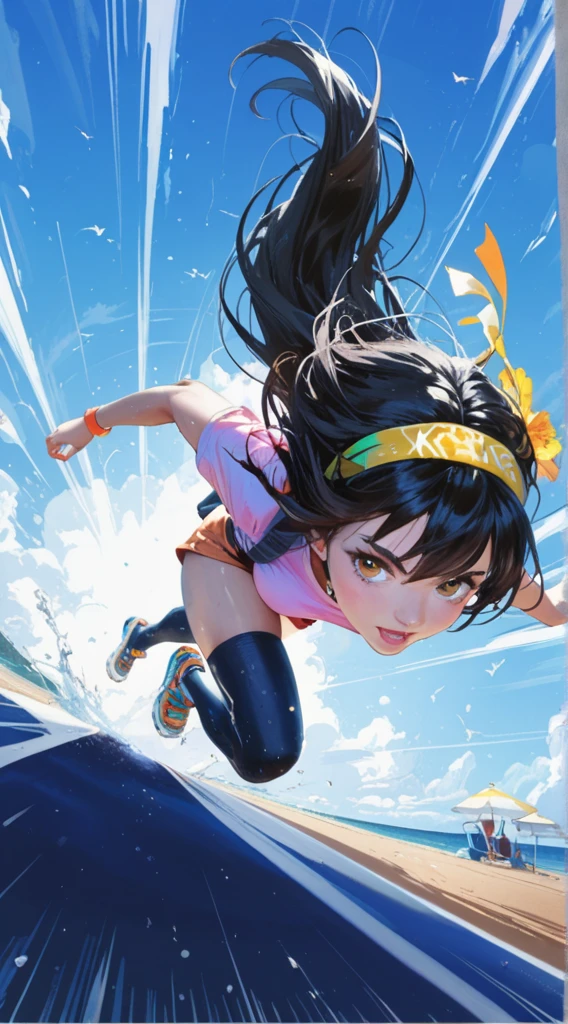 Clear skies、athlete、Jump、Girl、Dynamic composition、Vibrant colors, Bold brushstrokes, High contrast shadows. In the foreground,