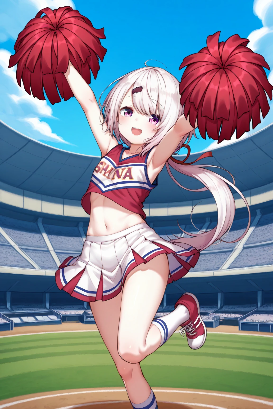 akari, <lora:akari_pony_XL:1>, silver hair, source_anime, score_9, score_6_up, score_5_up, score_4_up, BREAK rating_safe, best quality, masterpiece, ultra-detailed, detailed, beautiful detailed eyes, beautiful detailed face, anime coloring, official style, 8K, highres, 1girl, cheerleader, jumping, open mouth, football stadium, full body