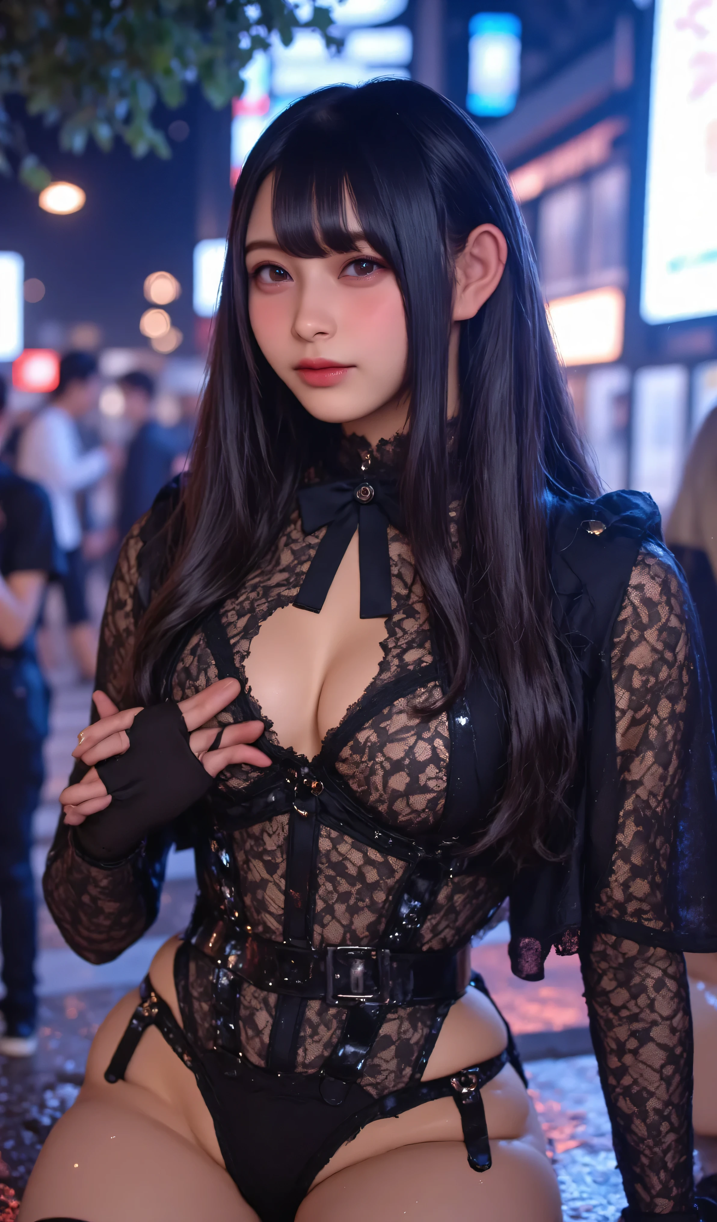 1 Girl, Tokyo Street,night, city View,City Lights, Upper Body,form fitting dress,close up, 8K, original photo, best quality, masterpiece,Practical, photo-Practical,Red rose headdress, Parted bangs, long hair,蓬勃後long hair,(braid,細braid,braid在臉二側),Headbands, Large Breasts,Show your shoulders