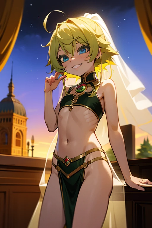 (((1 chico))), femboy, by white, huge ass, green eyed, big thighs, thin waist, cute little, Configuration of an ancient temple, gold short shorts, blush, gold necklace, full body view, super masterpiece, HDD, comfortable environment, (((flat chest)))