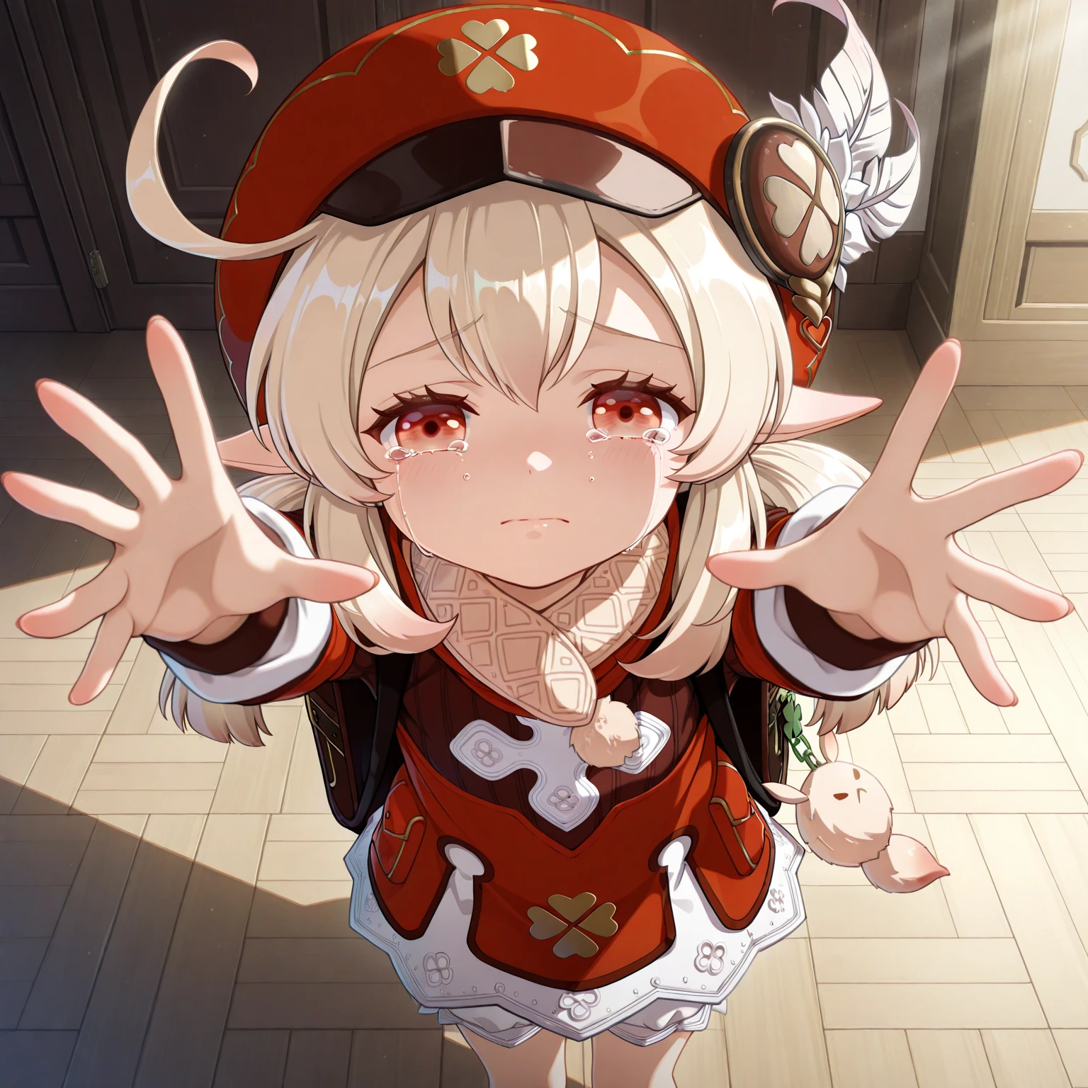 top quality, 8K, muste piece: 1.3, Ultra HD, high quality, best quality, High freshness, Realism)，red hat，Red clothes，，small breasts，blush，(((girl having sex)))，(((Cumshot)))Climax，crying face