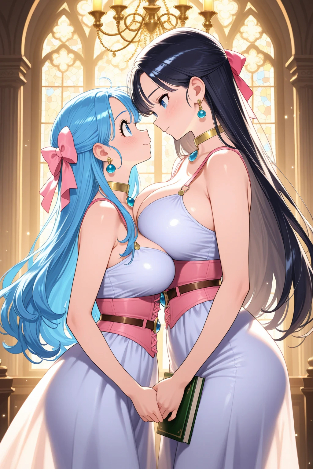 A pair of twins with giant tits and a big ass with purple hair posing for a photo at a wedding, the one on the right in a blue dress and the one on the left in a red dress, both with a low neckline and a small opening on one part of the thigh, the one on the right showing her breasts to the camera and the one on the left her ass to the camera.