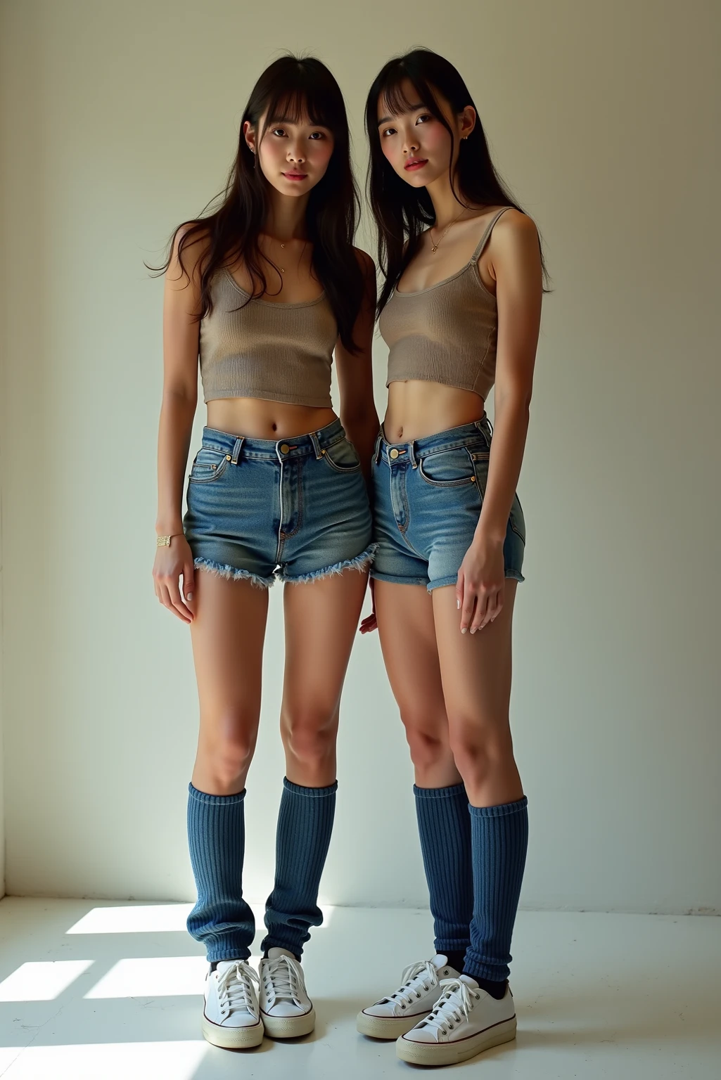 Two women stand side by side in a room, mini jeans skirt, short jeans pants, wearing tight simple clothes, mini-skirts, photo of slim girl model, denim short, hot pant, Miniskirt, skinny waist and thick hips, short miniskirt, denim hot-pants, Tall and slim, short skirt length, Big breasts Thin waist，Tease each other，Intimate relationships，Playful and cute pose，Full-body photos