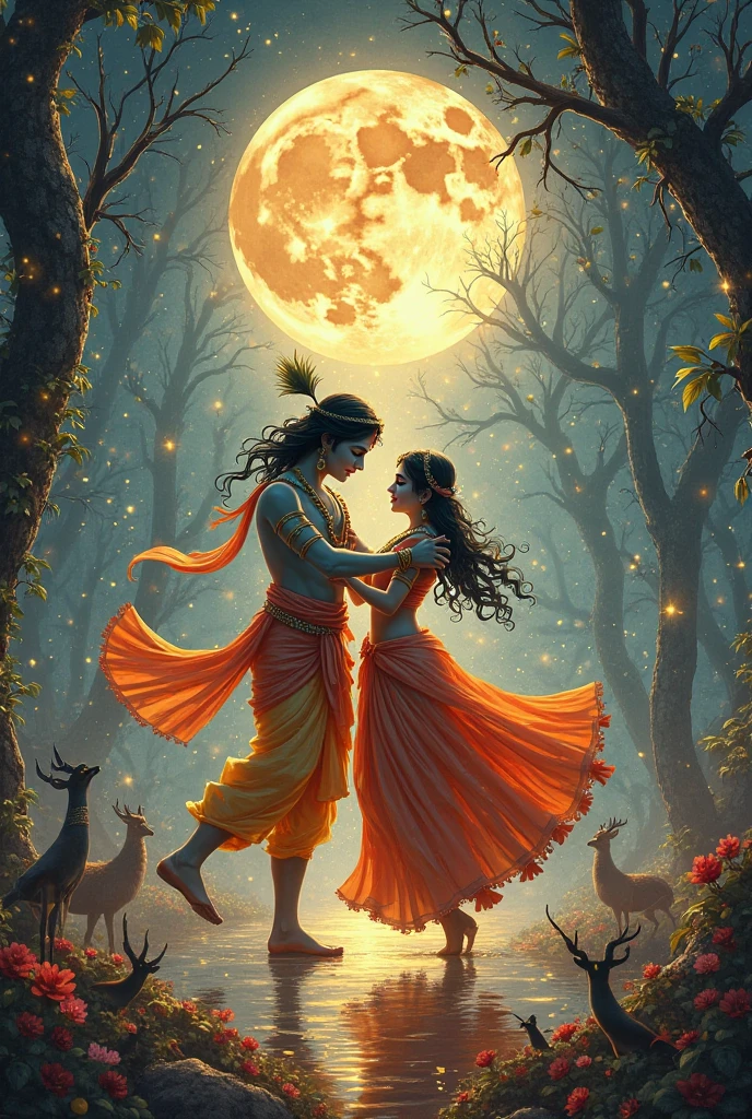 A photo of Lord Krishna and Radha dancing under a banyan tree on a moonlit night. The tree is adorned with colorful, soft glowing lanterns and delicate flowers. Krishna is dressed in traditional attire with peacock feathers in his crown, and Radha is in a vibrant flowing saree. They are surrounded by a soft, golden light that gives a divine and ethereal quality to the scene. The night sky is dotted with twinkling stars and a gentle crescent moon. In the background, you can see a hint of a village with traditional houses and a river reflecting the moonlight.