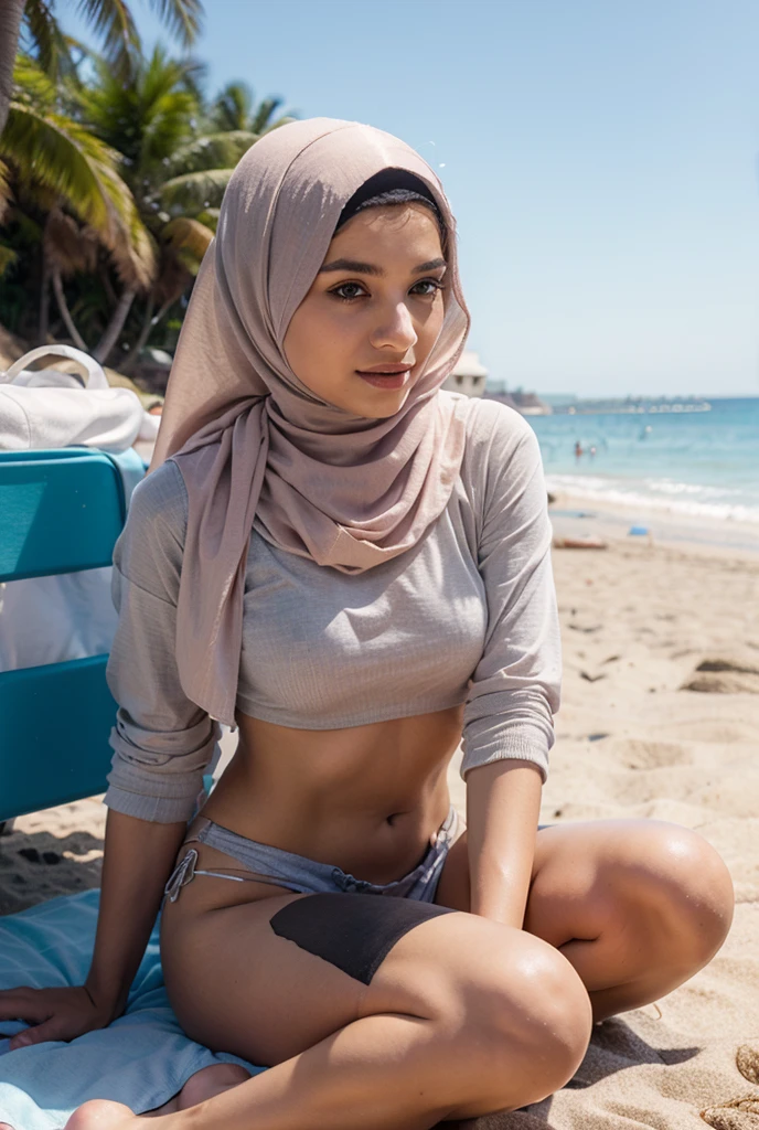 Smile, ((Hijab)), Tiny (Wearing Lingerie Top Suspender), (((HIJAB MALAY GIRL))), masutepiece, High quality, UHD 32K, Realistic face, Realistic skin feeling , A Malay Lady, 8 years old, , Very cute and baby-like face, (((FLAT CHEST))), (MATRIX WORLD), ((look In front  at the camera and SADNESS)), ((())), (((CUTE GIRL))),  ((Fluorescence)), ((CHUBBY)), (undress), at Beach (Naked)