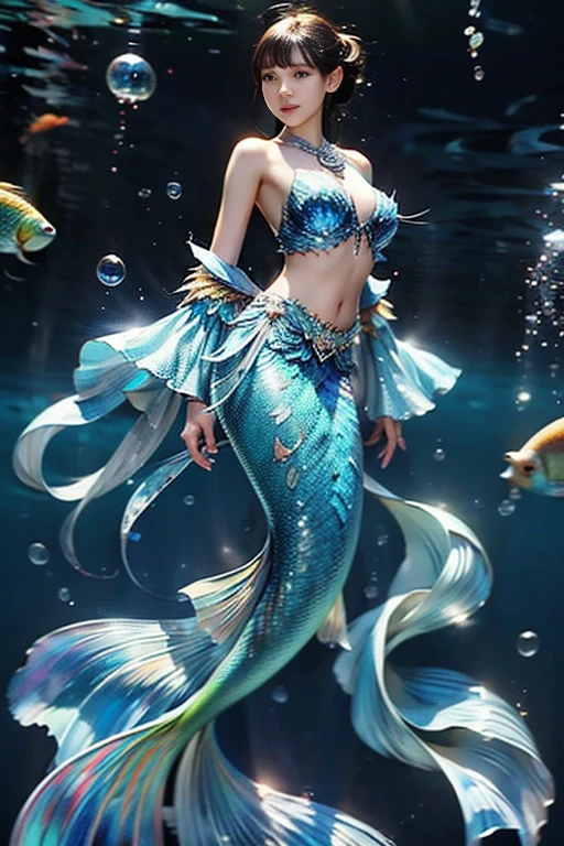 (1girl),smooth chin,masterpiece,detailed face,((hair ornament)),top quality,4k,make up,best quality,alone,single,solo,only one,one character,blush,(body blush),(detached sleeves),earrings,see-through clothes,(blue hair),under water,(head fins),long hair,(from below),ocean,long fish tail,fish,(huge breasts),fish tail,fish leg,(puffy hair:1.13),head wings,frilled skirt,frilled clothes,model,looking at viewer,mature female,frilled shirt,bubble skirt,green skirt,full body,(detached shirt),mermaid tail,neeless mermaid,bandeau,(nude:1.251),(nipples),blue skirt,<lora:s_g5N v2.0:0.78>,