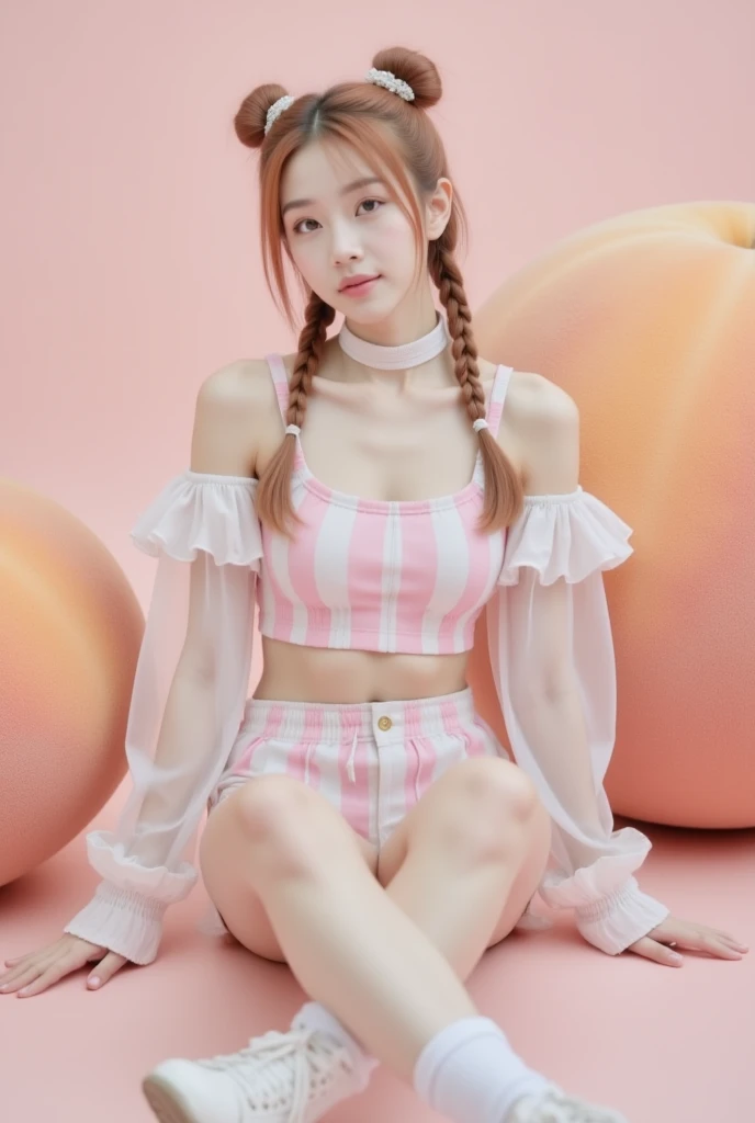 one person、18-year-old、Full body photo、slender、woman、White drool coming out of the mouth、smile、Short Twin Tails、Stick your butt out、 Fair skin, messy hair, super cute、Soft and Face、8K resolution、Surreal、Ultra high definition、 A-cup small breasts（（Highest resolution、8k、masterpiece：1.3））、Ultra-fine face、Ultra Fine Lips、Beautiful Eyes、double eyelid,Pink wall、Red striped bandeau dress:1.1、Thighs、thin,Thighs are visible、Shapely small breasts、sculptural pose、