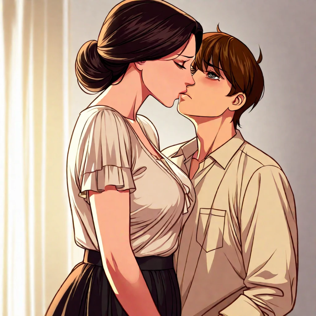 score_9, score_8_en haut, score_7_en haut, source_animé, 1garçon, 1fille, une femme mature sourit, mère et fils, enfant, baiser, le fils est dos au mur, (le fils s&#39;accroche à sa mère), dans une bibliothèque sombre,