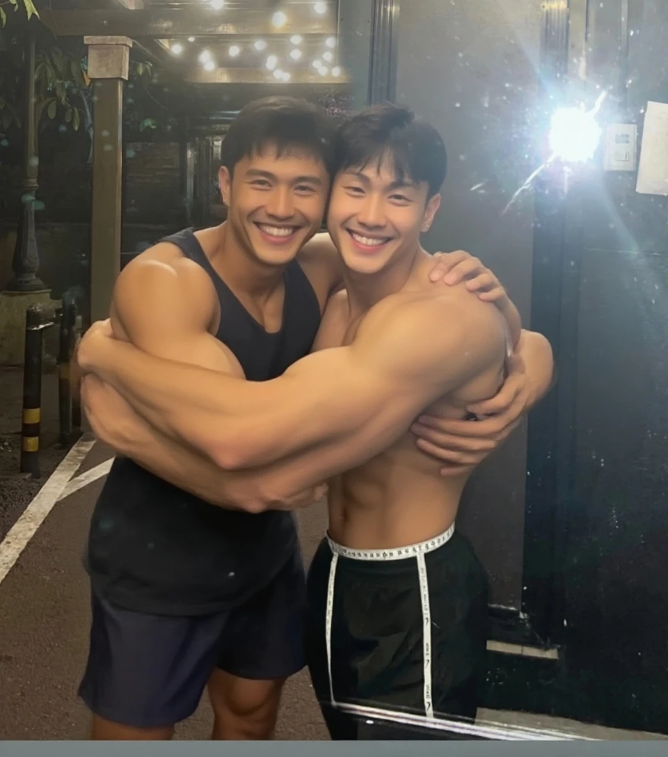 two japanese men、A strong body trained at the gym、Anatomically correct body、They are laughing at each other intimately、Relaxed atmosphere、The whole body is visible、One person is doing a fist pump and the other person is hugging him from behind、Cool boxer shorts with a tight and flashy design、in narrow bathroom、Very short black hair、Pretty handsome