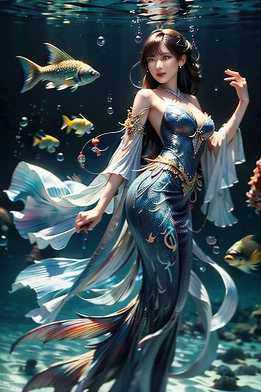 offcial art, Unity 8k壁纸, Ultra-detailed, Beautiful and aesthetically pleasing, tmasterpiece, best qualityer, (zentangle, datura, clew, meshing), (s fractal art: 1.3), Alchemist, (Hairstyles: Long hair) Ocean, Extremely detailed, dynamic angle, Cowboy shot, The most beautiful forms of chaos, elegant, Fauvistdesign, vivd colour, romanticism lain, Seafoam, Buble, shells, Fish, pearls，French formation，plumw，Vintage style，火焰