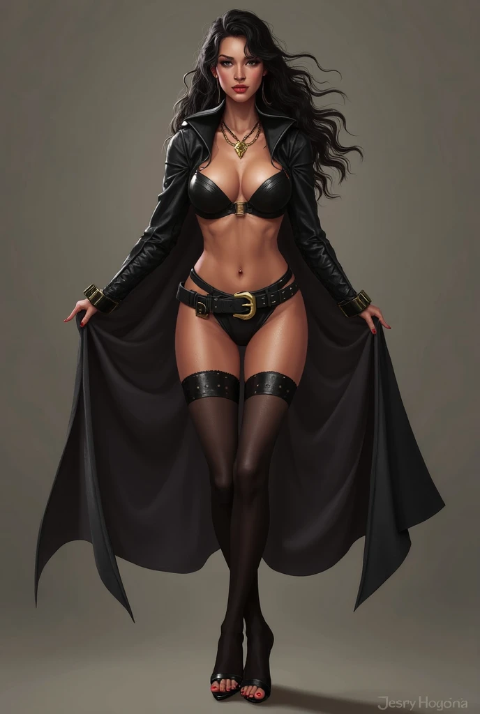 Illustration art，Whole body movement，Sexy woman in sexy clothes，murderess，Very cool facial expression，Gorgeous background，Great erotic art，painting art，Sexy art，Detailed body part details，long leges，Inspired by J.c.Ryan Decker，Epic European and American illustrations，Tall，The whole body is evenly sexy