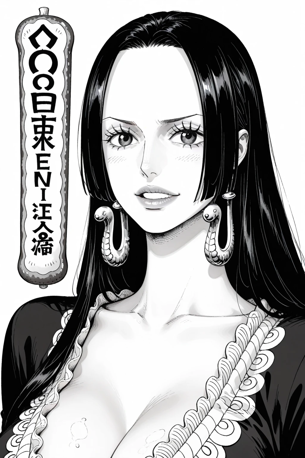 Masterpiece、Highest quality、Super detailed、Boa Hancock\(one piece\), (Ink Painting:1.2), break,(BoaHancockV2:1.25), In-person audience, tilt your head back, pointing、(very, Melted dress, Droplet Earrings:1.25), Chest cutout、Amazing view