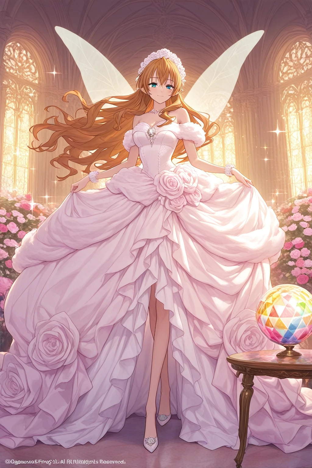 A princess busty light-skinned girl with green eyes and reddish-brown hair wearing a princess dress while in a rose garden