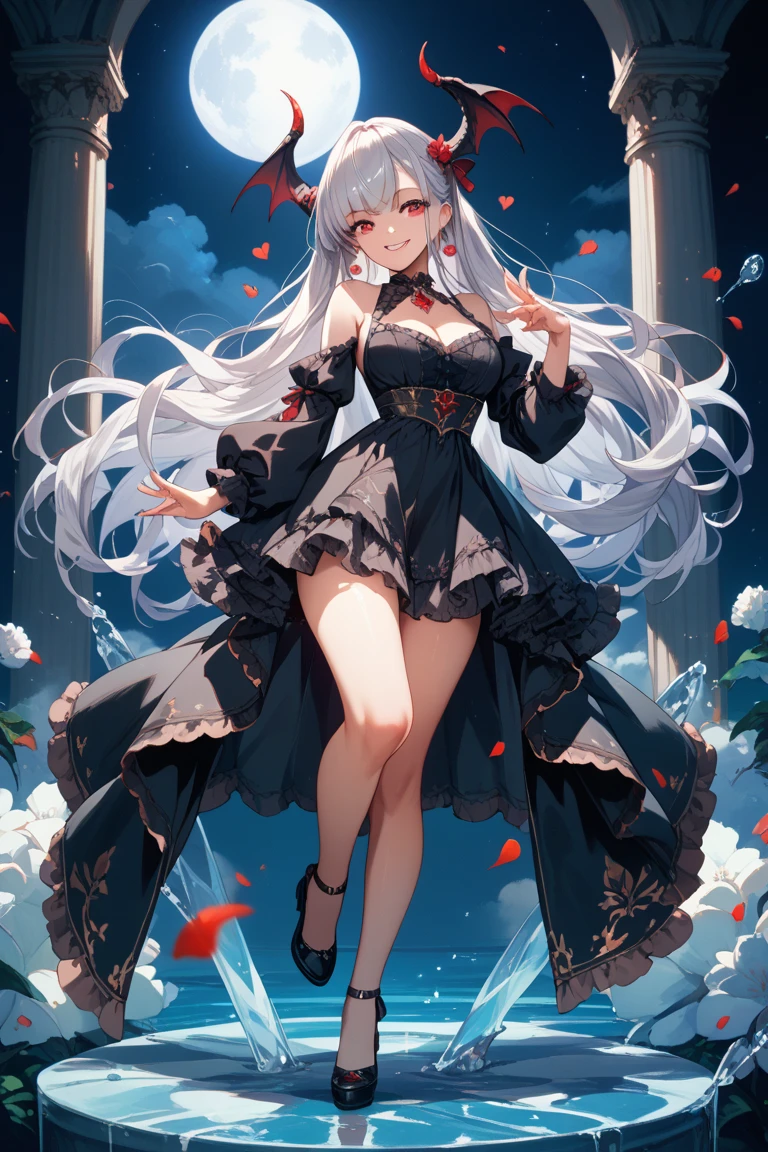 an anime drawing of a woman in a long black dress holding up her arms next to a rose, One girl, dress, Long Hair, red dress, alone, High heels, very Long Hair, chest, Black background, hair ornaments, An incredible solution、High resolution、(masterpiece:1.4)、Very detailed、1 girl、Red Moon、There was an irritated look on his face.、Are crying、Tears running down my cheeks、Irritated、Expressions of indignation、look up、背景に大きなRed Moon、Put up a magical barrier、barrier、floating hair、space、black dress、floating、 - 6 o'clock'clock