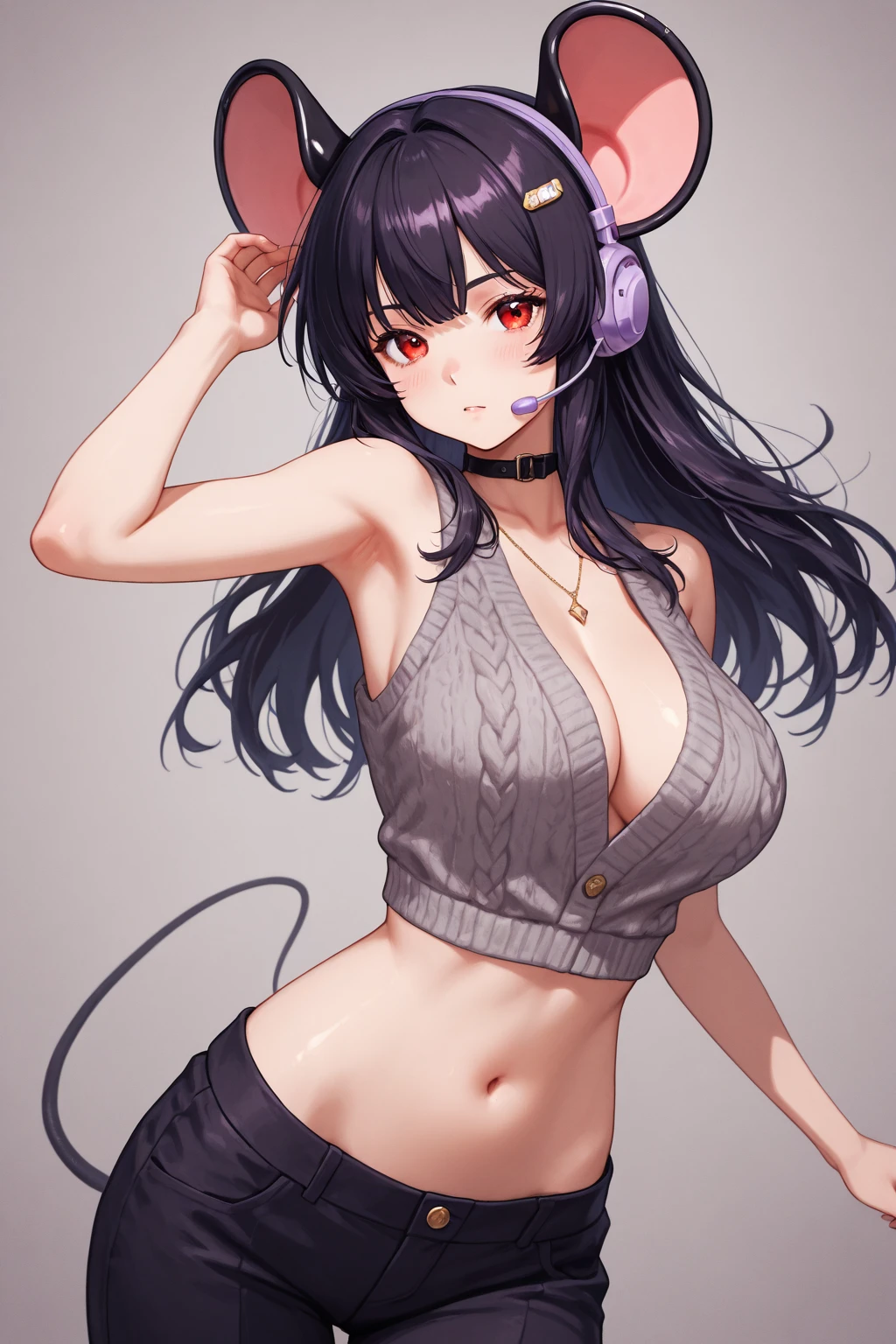 Cat-eared girl taking photo in black bra and tight denim, arms behind back, full body, cropped t-shirt, bra, slim figure, small bust, slim girl model, 24 year old female model,