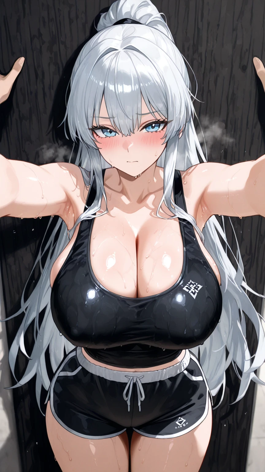 [1girl, black hanekawa, monogatari \(series\), cat ears], curvy, (skinny), Highest quality, Super detailed, masterpiece, Ultra-high resolution, 8K, Embarrassing, blush, Open your mouth, drooling, (arms behind head), (Sticky panties), (cleavage), The skirt is accidentally exposed,huge breasts, (crop top navel), black thigh highs, (waist line), Accidentally exposed panties, Shower room,black blindfold, front view