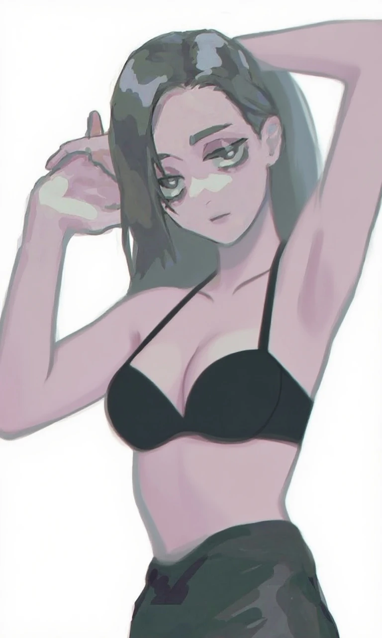 Black string bikini girl lets her hair down Standing with his hand caressing his own stomach, looking seductive.