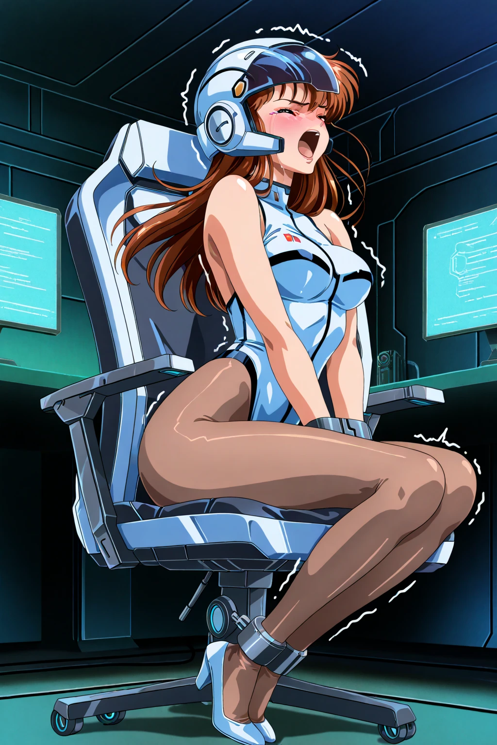 anime, sexy body, gorgeous, jessica rabbit, wearing evening gown, she is laughing, she is excited, her eyes closed in laughter, (she is being tickled by men:1.4), (men have their hands all over her body:1.3),she is surrounded by men in mechanic shop, (the men are grabbing her sides with their hands:1.2), (the men are grabbing her torso with their hands:1.2),futuristic city, highly accurate, extreme detail, high quality,