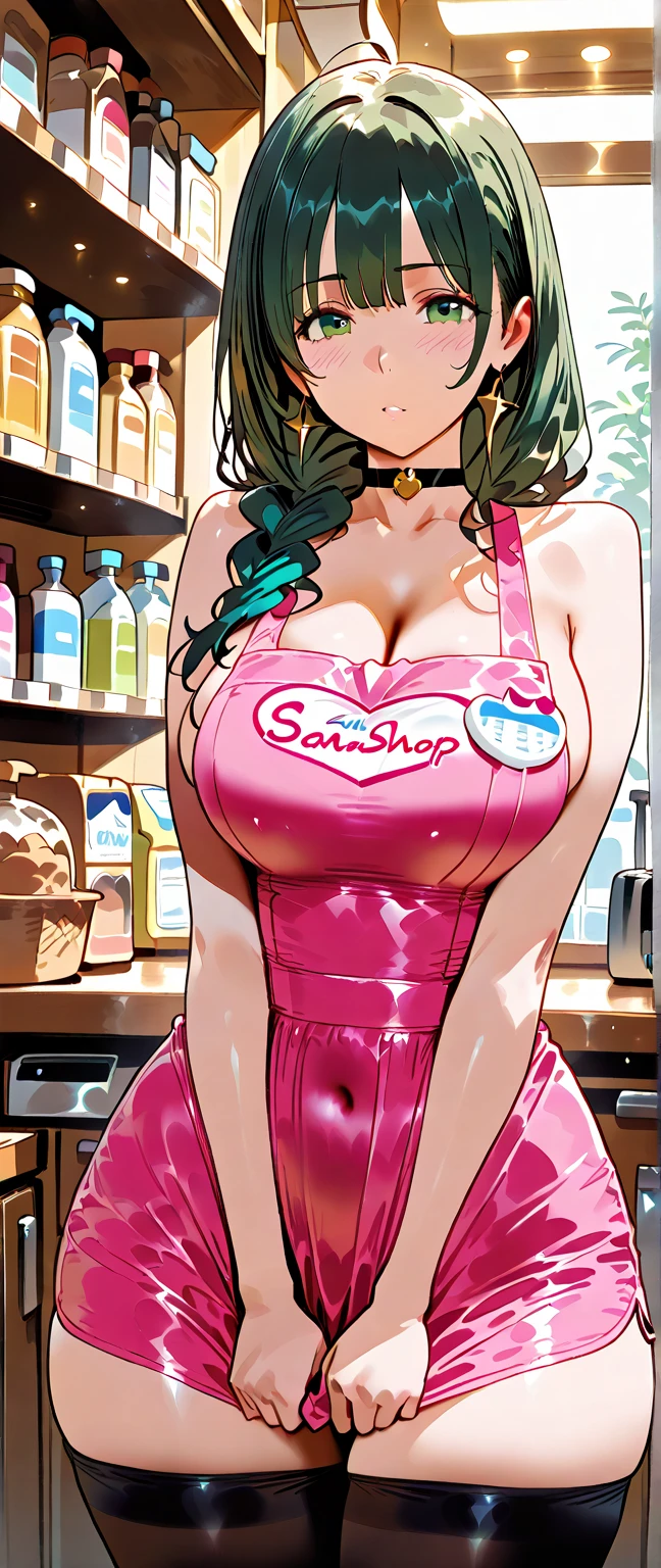 Sexy asian woman, big breasts, hot pink micro bikini, long pink hair, working at a candy shop, sweet, sexy
