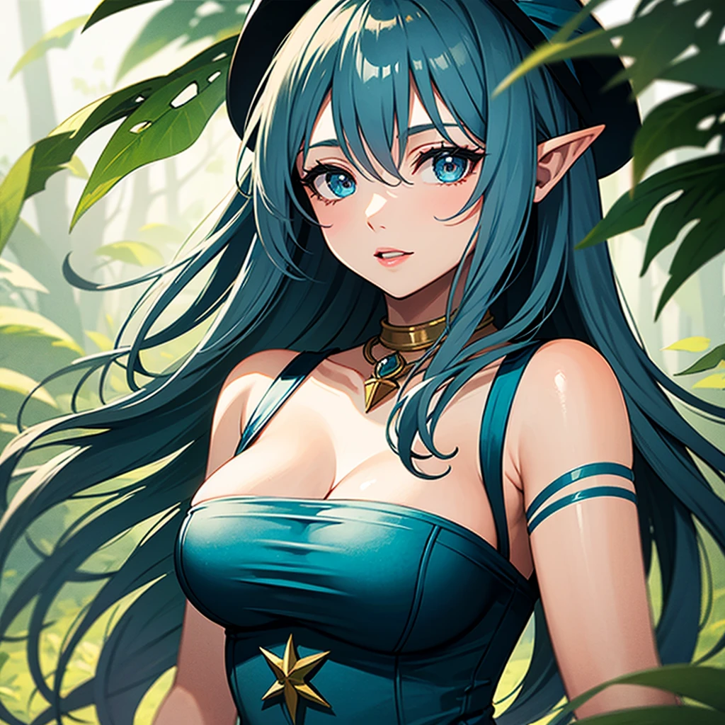 elf girl ,naked , no clothes, big tits, sexy , big ass, curvy , thick, crazy expresion ,open mouth, fang teeth, dark blue ponytail hair, green blue eyes