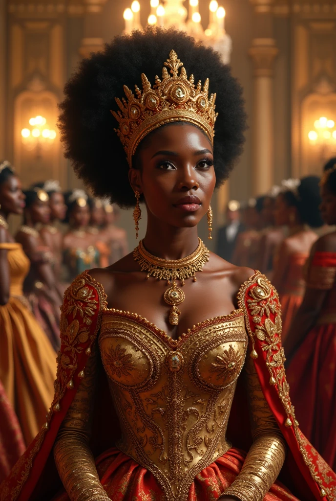Visualize a dramatic scene where Queen Ranavalona III of Madagascar,Blasian in her castle on her knees, confronts French colonial white skin soldiers, with guns. Soldiers should be depicted with white skin. The scene should look modern, as if it was photographed in our time. 4K. The frame should clearly show that they are inside the queen's castle. No text on the image, please.