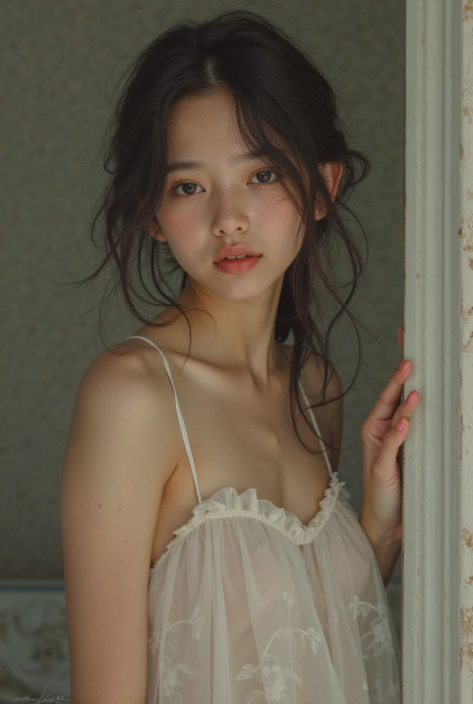 Highest quality, masterpiece, Ultra-high resolution, (Realistic:1.4), RAW Photos, (Real skin texture:1.3), (Film Grain:1.3), Panorama, Portraiture, Very wide shot, Tight waist, Cowboy Shot, (in the dark, Deep Shadow, secret key, Cold Light,) night, close, Tears flow, indoor, Dust, Tyndall effect, sad, It was too bad, dark (performance), Sitting, (Against the wall), Are crying, Frowning, (head lowered), Nervous, tear up, , 1 Junior Idol, The body is slim、Beautifully detailed eyes and face, double eyelid、Tear bags、Watery eye、（Lifting something large from a torn white jabot、、 Cute pink nipples）、Off the shoulder, Brown eyes,