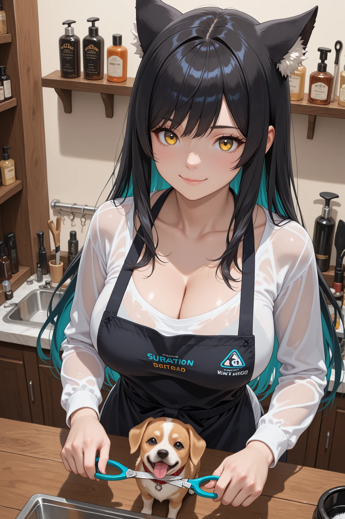 perfect face, makeup, young woman, realistic photo, Iced_Latte_With_Breast_Milk, beautiful face, perfect face, lovely smile, masterpiece, upper body, cowboy shot, Standing behind counter, deep cleavage, huge breasts, apron, (colored skin, pale white skin:1.3), ((pitch black hair, navy blue eyes:1.3)), green apron, projectile lactation, absurdly long hair, hair over shoulders,
