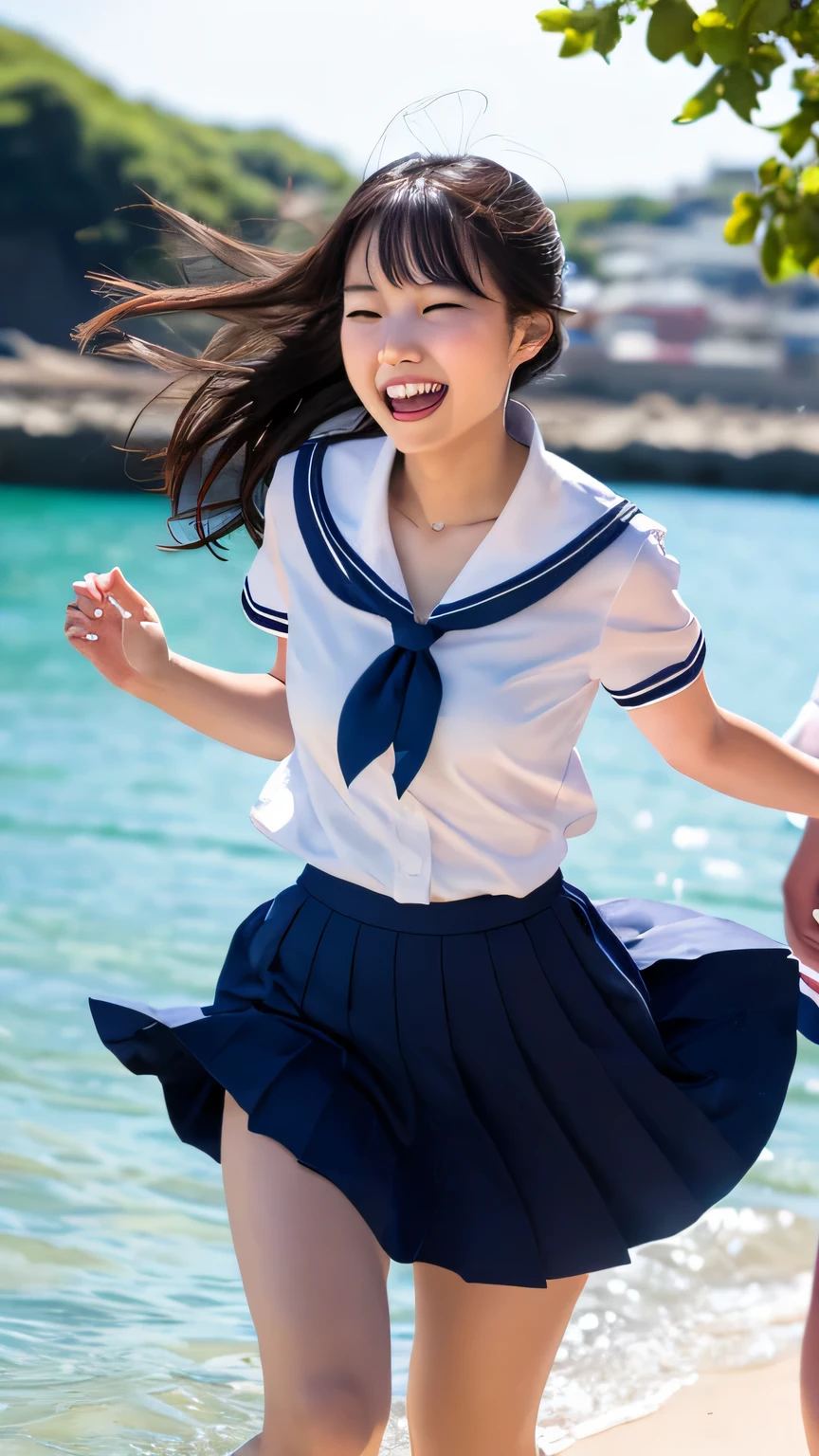 1girl,(((Frontal bust shot angle))),Wide open chest、(((Okinawa ocean)))、(((White sand beaches in Okinawa)))、8k UHD、Digital single-lens reflex camera、High resolution、Shallow depth of field、Natural light、(((Sailor suit)))、(((navy blue super mini skirt)))、(((Full body photography)) )、Small person、(((Young face)))、1 Japanese female、14 years old;beautiful girl、(Black Hair)、A strong wind blows up my skirt、(((Brown eyes)))、Glowing Skin、Smooth Thinning Hair、Long Hair、Detailed background、Detailed eyes and face、Clear Eyes、Cute smile、Calm atmosphere、(((stage)))、(((Small breasts)))、(((Beautiful Eyes)))、Flat chest、Children、(((Toned thighs))) 、(((Angle from below) ))、(((Fine lips)))、(((Skirt fluttering)))、Shining beautiful legs、( Skirt fluttering violently in the strong wind :1.4), (hair blowing in the strong wind:1.4), (leaning forward)、(((barefoot、barefoot)))
