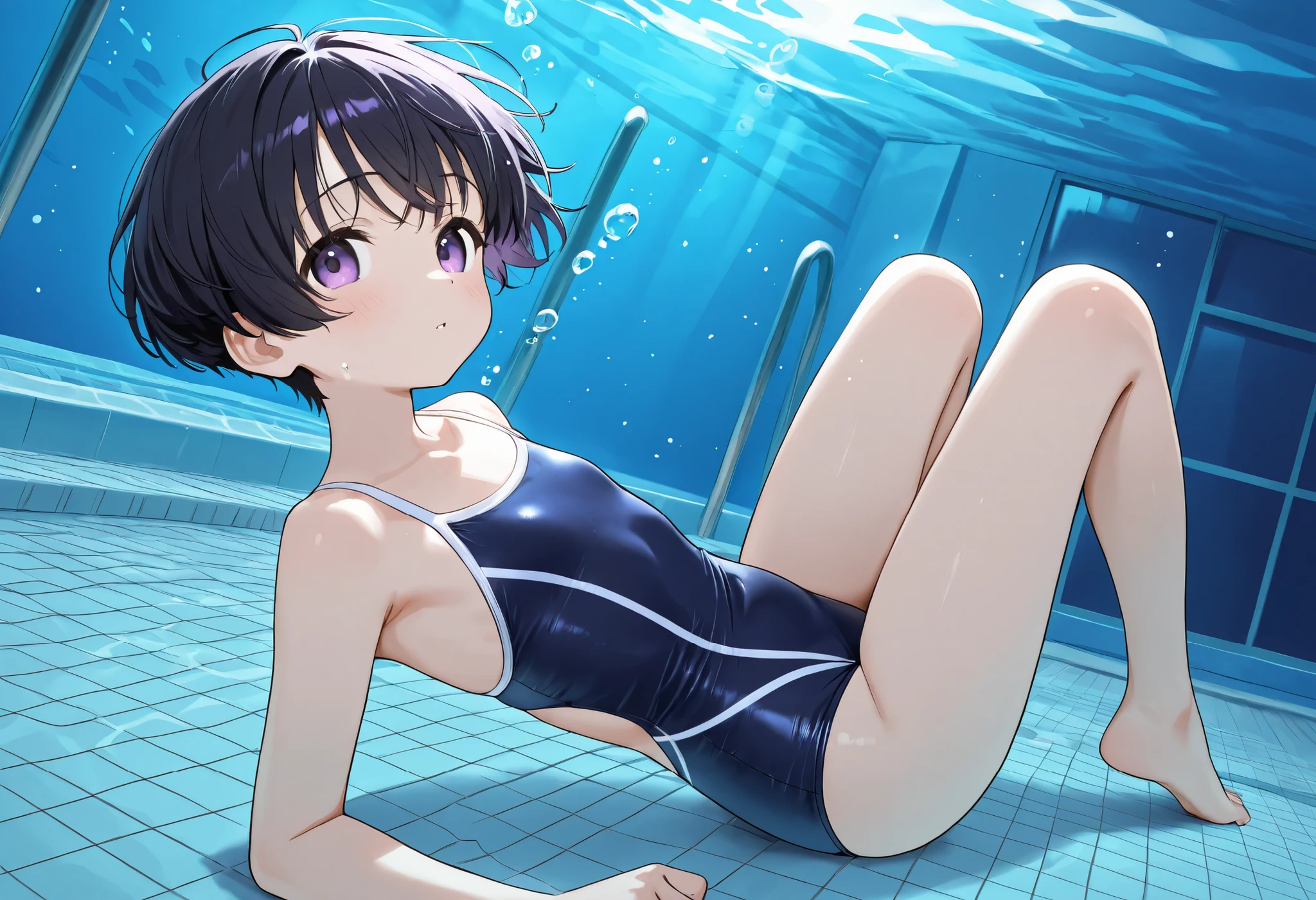 ランダムなポーズ、Random patterned swimsuit、Random patterned swimsuit,Swimsuit,Blushing、short hair、Black Hair、Pale purple eyes、Head to toe full body、Blushing、Embarrassed look、Composition from the front、A view from slightly below、school swimwear、Acme Face、Random pose、, 、nsfw、Highest quality、1 girl、solo、Ocean、Sandy Beach、Sexy pose、Random pose、Blushing、wet、Embarrassed、I can see half of my 、、One piece swimsuit、(Strap slip:1.3)、