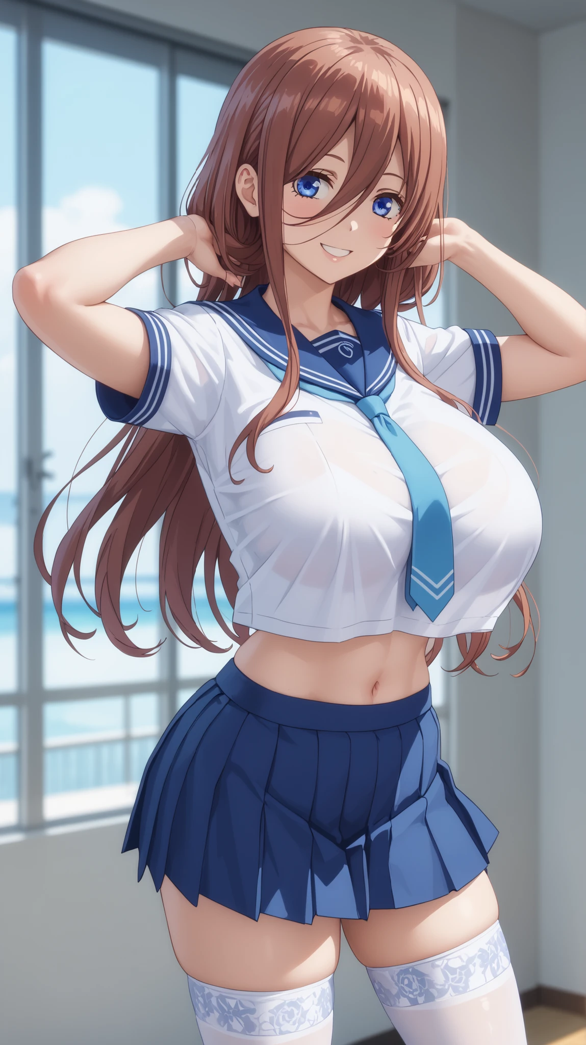 curvy, (Toned), Highest quality, Super detailed, masterpiece, Ultra-high resolution, 8K, Ridiculous, Cowboy Shooting, Blurred, Focus on the girl, Embarrassing, blush, Lovely, Open your mouth, What saliva leaves behind, (white tanktop), (micro mini skirt), Wet skirt hem, (Sticky panties:1.1), (cleavage), (cleavage), Classroom Background, The skirt is accidentally exposed,(1girl, Akikawa Yayoi \(umamusume\), umamusume), large breasts, (crop top navel), (waist line), Accidentally exposed panties
