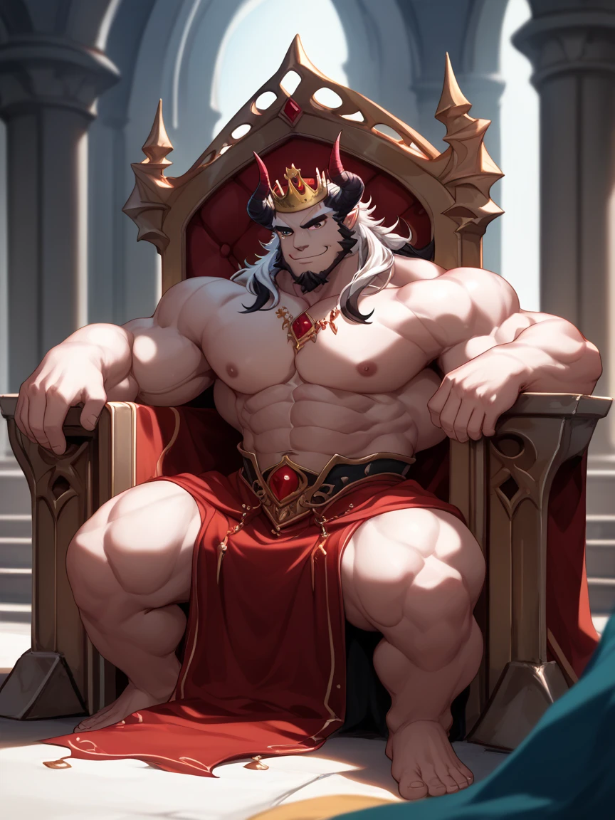 Relaxing on a fiery throne, the god of fire, a handsome man with black hair, exudes power with intense glowing red eyes and large pectorals. His pose is majestic, bathed in dramatic cinematic lighting, creating an atmosphere of divine authority. Large pectorals, open legs. Attractive male, sexy masculine, handsome male