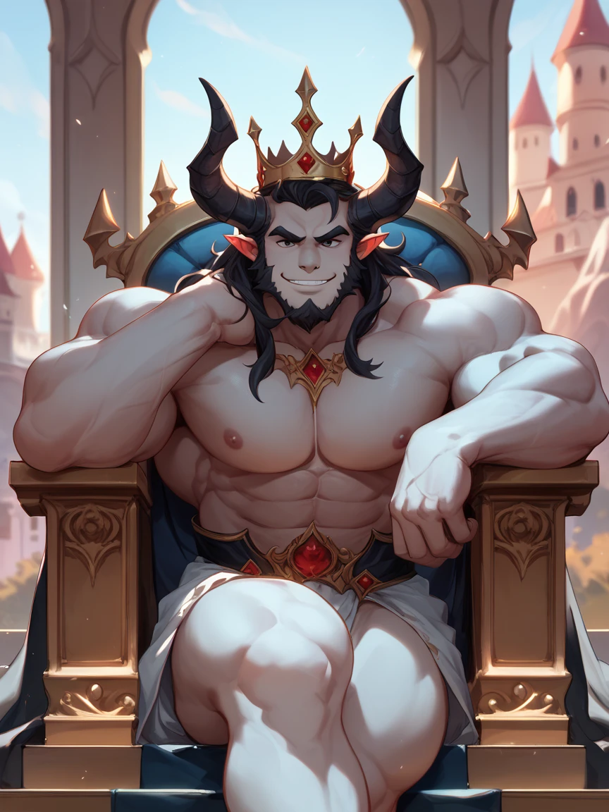 burly virile bulky man, overmuscular and musclebound, bulging veiny muscles, broad shoulders, wide chest, overly thick arms and legs, thick body, a hulking figure with swelling muscles, a long bushy beard and a thick mustache, grey hair, a king sitting on his throne, high detail, medieval, realistic, detailed face, clear countenance