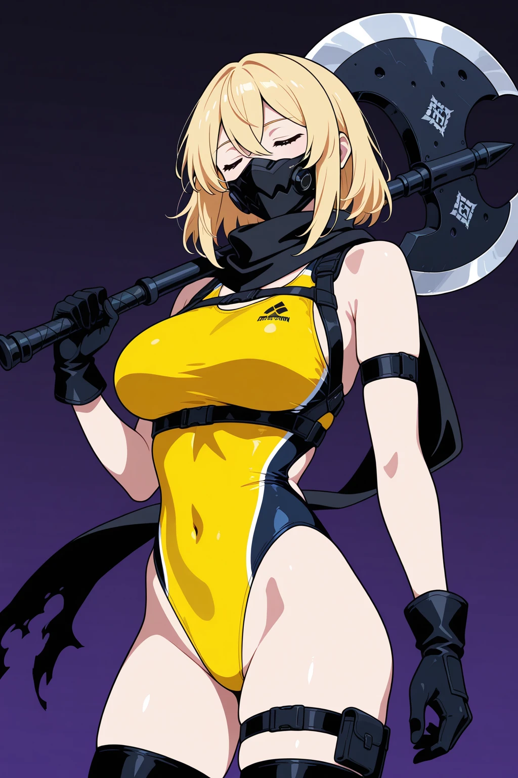 th1, high collar, covered mouth, underboob, revealing clothes, gloves, breasts tattoo, masterpiece, best quality, highres, 1girl, solo, fang, skin fang, short hair, (mole on thigh:0.8), bangs, hair behind ear, purple eyes, hair ornament, open mouth, beach, smile, squatting, small chest, short height, little girl, flat chest, small, cleavage, ((bare shoulder)), exposed, loose shirt, navel, presenting armpit