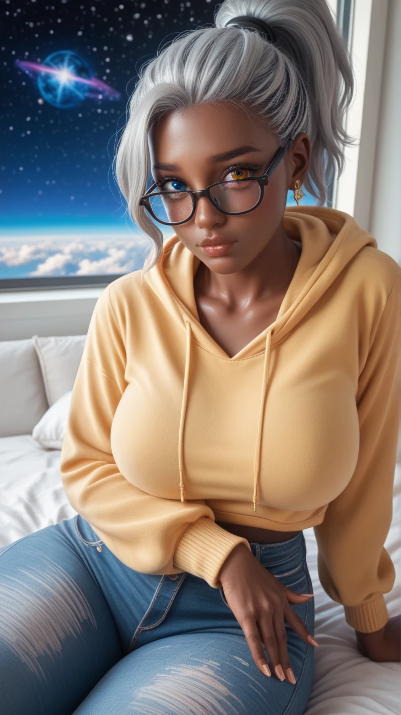 Dark skinned. Bunny girl. Bunny ears. Short underwear. THICK THIGHS. Cleavage. Hoodie Sitting on bed. BREAK looking up at viewer, BREAK indoors, city, BREAK (masterpiece:1.2) best quality, high resolution, unity 8k wallpaper, (illustration:0.8), (beautiful detailed eyes:1.6), extremely detailed face, perfect lighting, extremely detailed CG, (perfect hands, perfect anatomy),. Tied up curly hair. (Hoodie 1.6) Nerd. Nerdy glasses. Tongue out.  dripping.