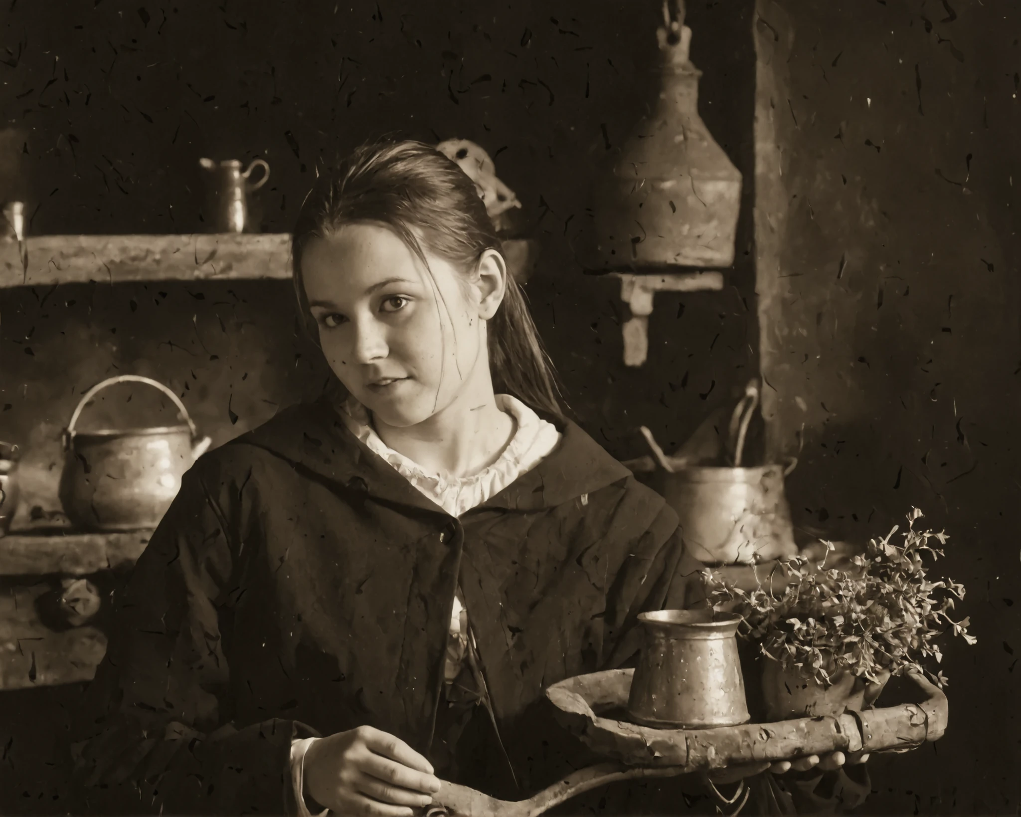 A modern young adult woman holding a MacBook, casual contemporary outfit, relaxed and playful expression, natural lighting, looking slightly off-camera, as if time-slipped into a late 19th century American frontier, vintage silver gelatin print style with sepia tone and faded muted earthy colors, heavy film grain, scratched and creased edges, soft vignetting, slight blur and high contrast of aged photography, golden hour backlight haloing her hair, rustic frontier background including a horse-drawn wagon, rolling prairie, cast-iron pot on a hearth, hanging dried herbs, wooden buckets, all softly blurred to suggest depth, natural skin sheen converted to analog film texture, subtle exposure irregularities and light bloom for authenticity, nostalgic slice-of-life atmosphere, no modern artifacts visible in the background.