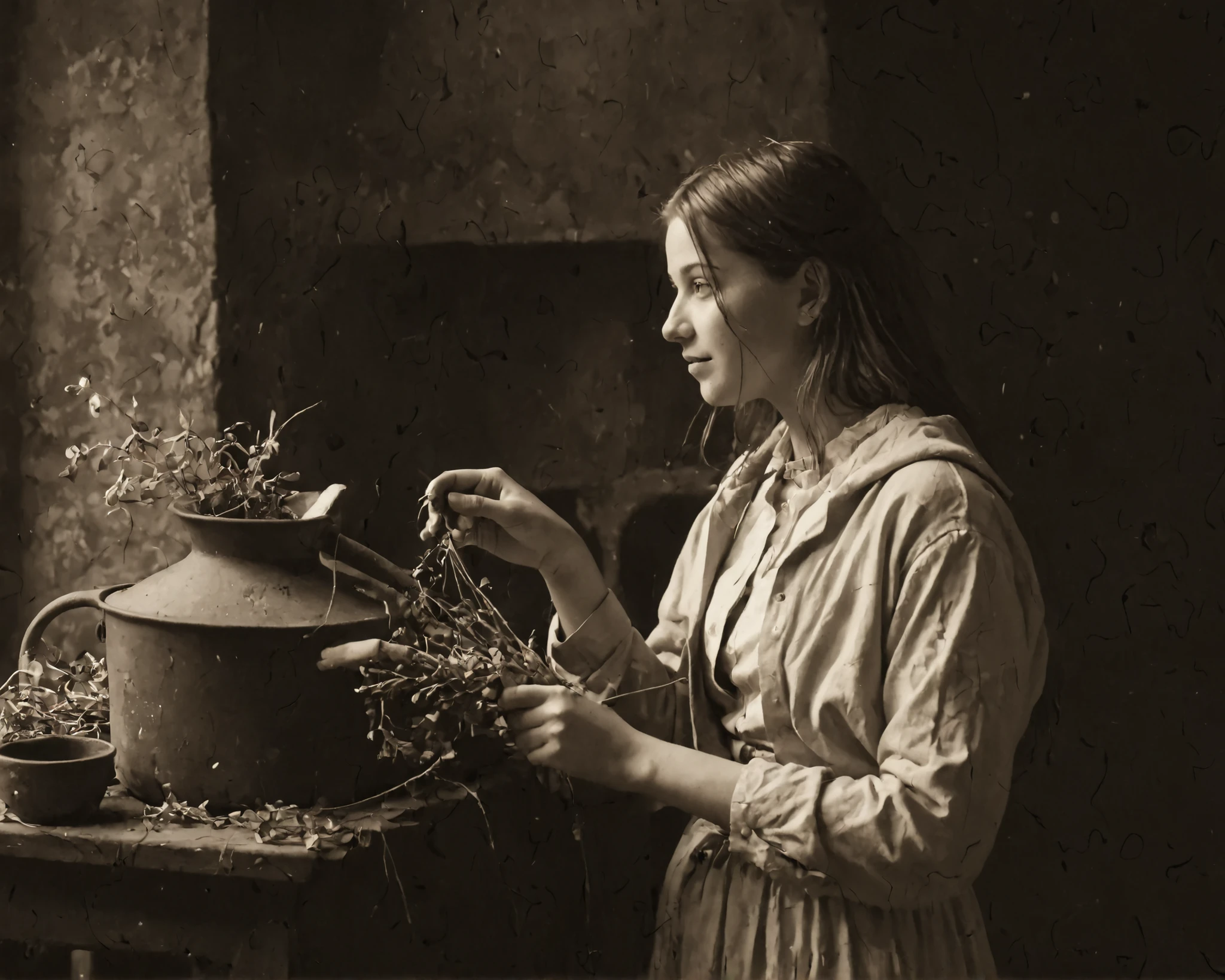A modern young adult woman holding a MacBook, casual contemporary outfit, relaxed and playful expression, natural lighting, looking slightly off-camera, as if time-slipped into a late 19th century American frontier, vintage silver gelatin print style with sepia tone and faded muted earthy colors, heavy film grain, scratched and creased edges, soft vignetting, slight blur and high contrast of aged photography, golden hour backlight haloing her hair, rustic frontier background including a horse-drawn wagon, rolling prairie, cast-iron pot on a hearth, hanging dried herbs, wooden buckets, all softly blurred to suggest depth, natural skin sheen converted to analog film texture, subtle exposure irregularities and light bloom for authenticity, nostalgic slice-of-life atmosphere, no modern artifacts visible in the background.
