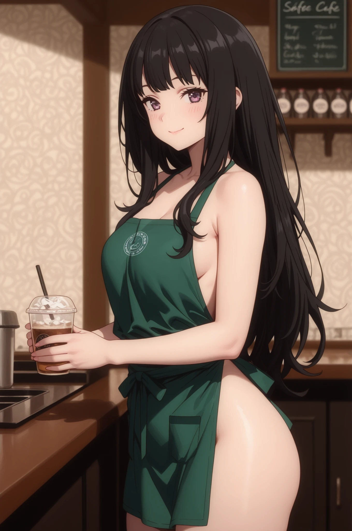 1 anime girl naked wearing only an green apron and a hat, standing at a register, long black hair, embarrassed, embarrassing, embarrassment, blushing, people around her, 