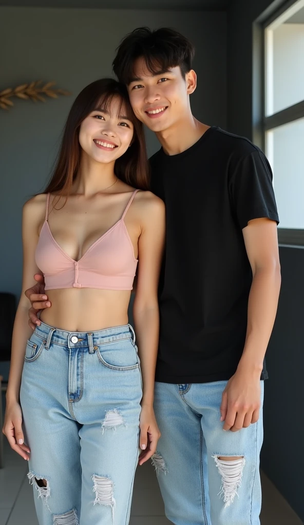 A handsome young couple with long hair and a beautiful Korean girl.,Both naked,The air conditioner in the living room is being repaired..