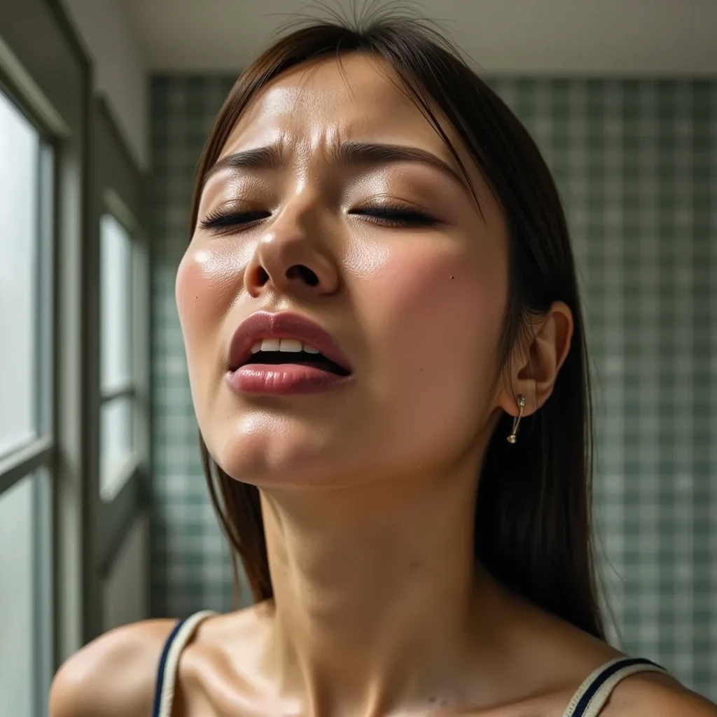 masutepiece,award - winning photo, Extremely detailed, edgOrgasm, Woman with mouth open and eyes closed , Skin shiny with sweat、Face Focus、frombelow、Illumination that emphasizes shiny sweat{{{Spread }}}, A dark-haired、NSFW、