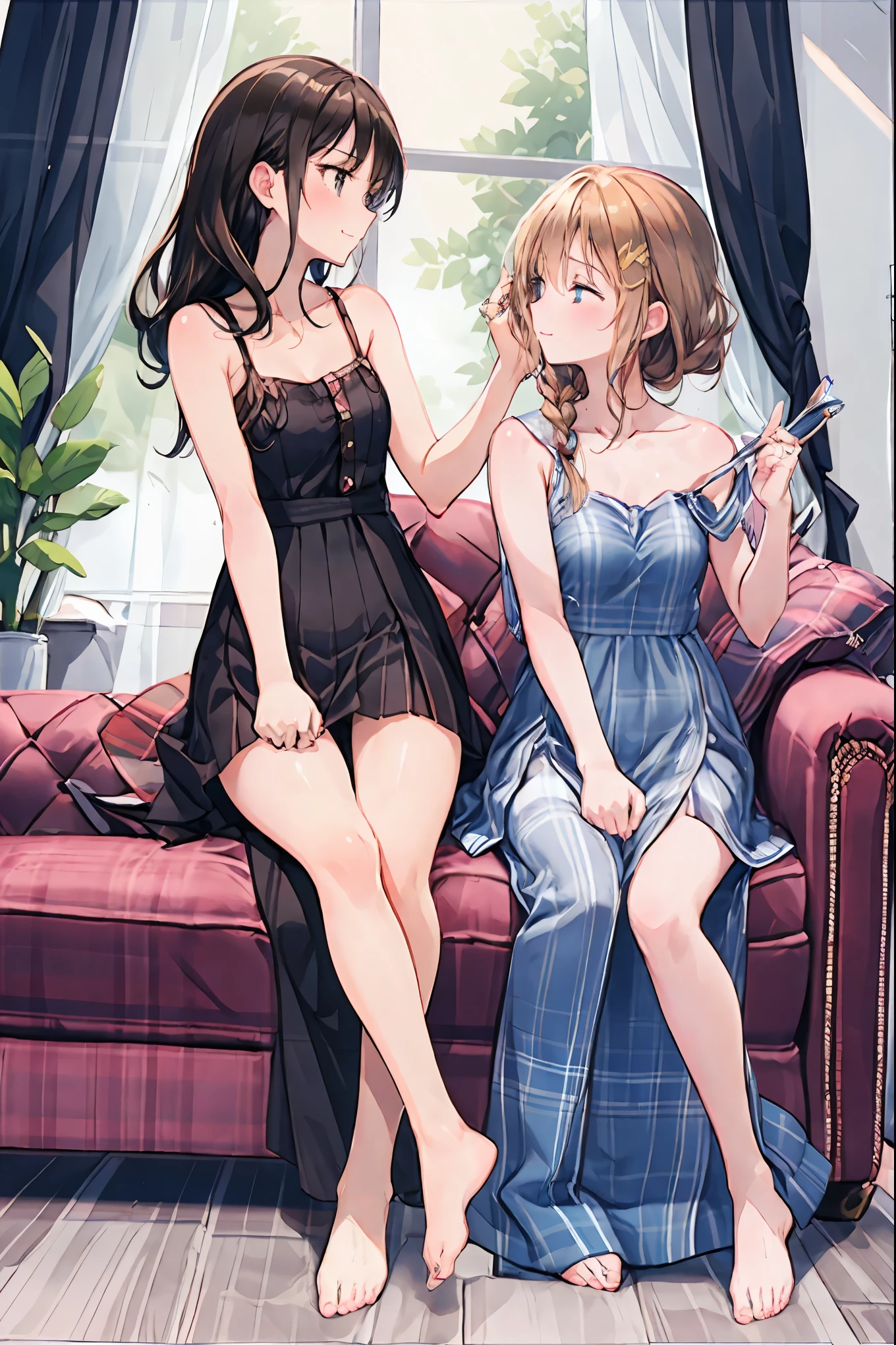 Yuri , multiple girls, 2 Girls, Yuri, dress, put your hands on the couch, Long Hair, {{kissu, plant, close your eyes , window , indoor, sitting, Blurry foreground, on put your hands on the couch, white dress, Blurry, eXposes your shoulders , Moon, potted plant, Depth of Written Border, sleeveless dress, Blonde, sleeveless, chest, black dress, black hair, pillow, bottle, bare wrist , full Moon, Knight , books, , very Long Hair, collarbone, legs popping out of frame , chestの谷間, cup, bang, null, brown hair, medium chest, wavy hair, curtain, spaghetti straps , cushions, Particles of Light, profile, high school students ,、 brown hairのポニーテール,French{{kissu, Barefoot, underwear , {{X}} ,小さいchest, small ass ,beautiful profile,Clear limbs, characteristic bridge of the nose , anatomically accurate hands and feet ,brown hair, Shortcut , tousled hair, short braided hair ,neat, slim and beautiful,correct posture,小さなchest部, beautiful legs, your enchanting gray-blue eyes shine like stars,Saggy eyes, bright color , Beautiful Eyes,A delicate smile,teXtured skin, BEST QUALITY BEST , gently beautiful woman , Anime Style、Perfect Hands、perfect finger、perfect palm 、Perfect Nails、Perfect Thumb 、perfect indeX finger 、perfect middle finger、perfect ring finger、perfect little finger、perfect teXtured hand
