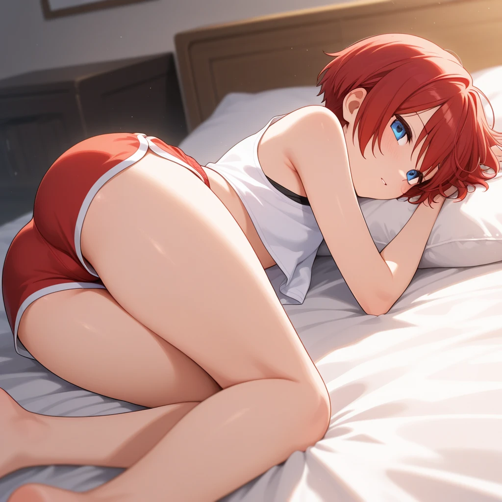 Beautiful girl, one, anime, ginger, bed, girlfriend, tank top, panties, laying down, happy, butt