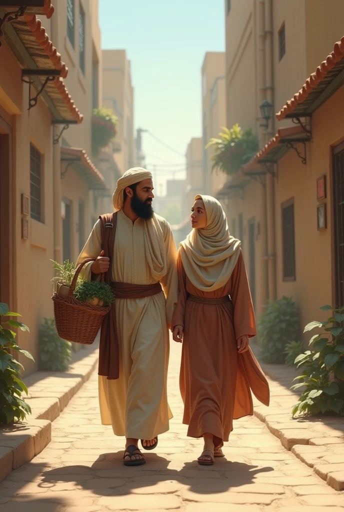 A tranquil market scene in ancient Mecca, with a handsome young man, a handsome man with a calm demeanor and friendly eyes, meet a dignified and graceful woman in her 40s, wearing simple clothes at that time. The background is filled with market stalls, tooth, and traders. bright sky, marks a sunny day.3d realistic