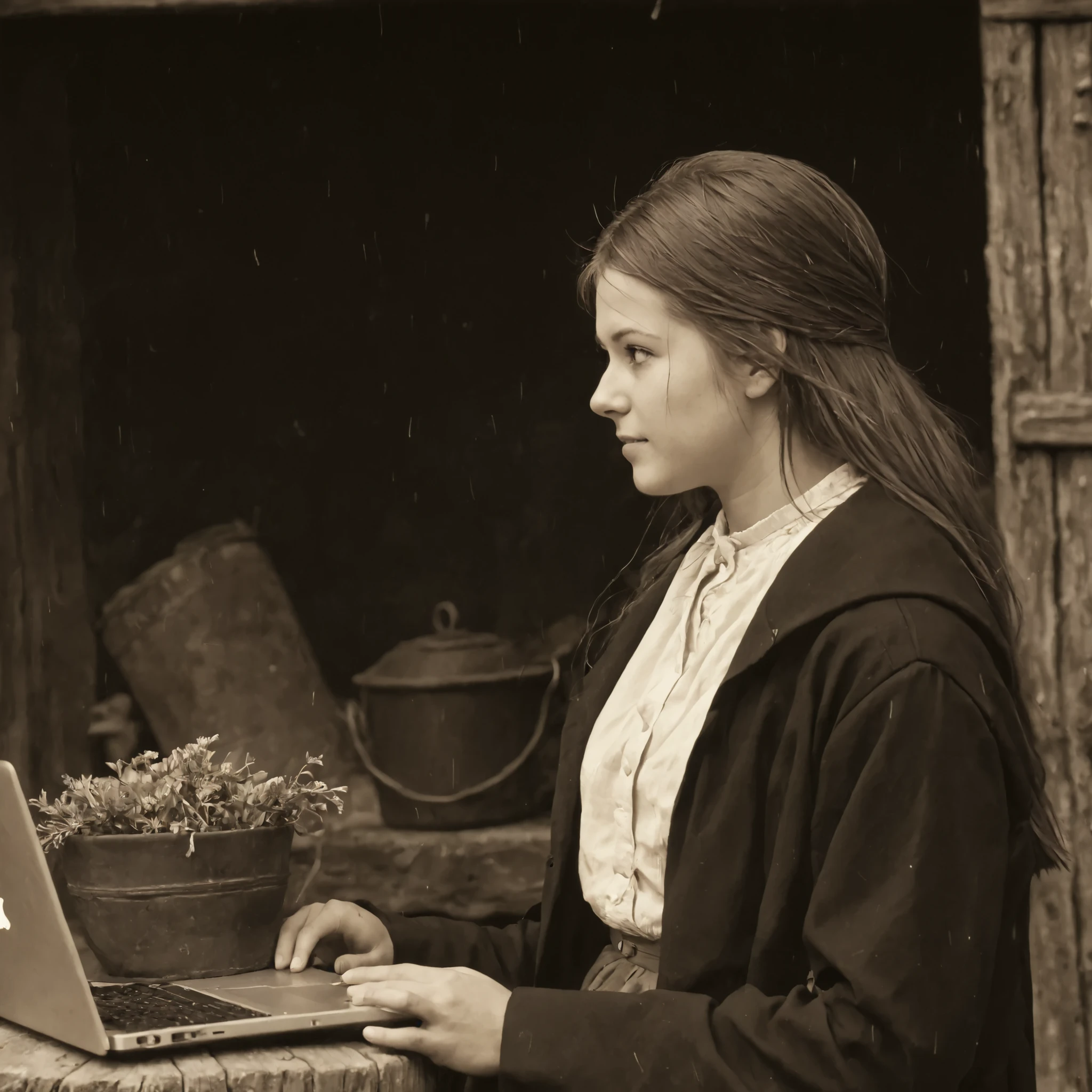 A modern young adult woman holding a MacBook, casual contemporary outfit, relaxed playful expression, looking slightly off-camera, sharply detailed MacBook visible and clearly modern (focus on the laptop and her modern clothing:1.4), in a late 19th century American frontier setting. Background: vintage silver gelatin print style with sepia tone and faded muted earthy colors, heavy film grain, scratched and creased edges, soft vignetting, slight blur and high contrast of aged photography, golden hour backlight haloing her hair, rustic frontier elements including a horse-drawn wagon, rolling prairie, cast-iron pot, hanging dried herbs, wooden buckets, all softly blurred to suggest depth. Preserve the modern Mac and outfit without turning them into period clothing. Nostalgic slice-of-life atmosphere, no explicit content.
