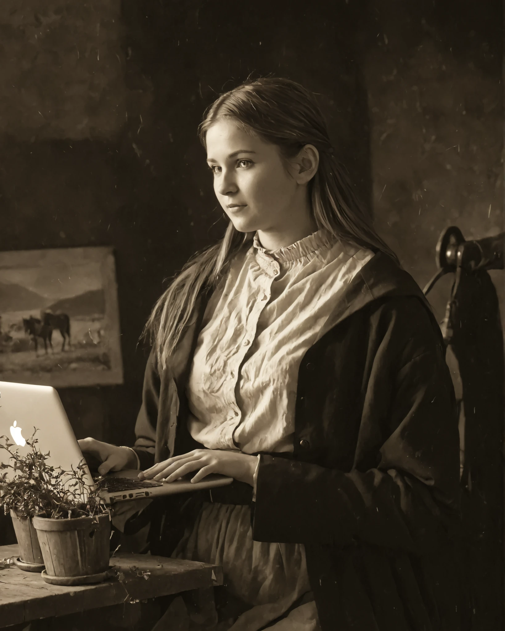 A modern young adult woman holding a MacBook, casual contemporary outfit, relaxed playful expression, looking slightly off-camera, sharply detailed MacBook visible and clearly modern (focus on the laptop and her modern clothing:1.4), in a late 19th century American frontier setting. Background: vintage silver gelatin print style with sepia tone and faded muted earthy colors, heavy film grain, scratched and creased edges, soft vignetting, slight blur and high contrast of aged photography, golden hour backlight haloing her hair, rustic frontier elements including a horse-drawn wagon, rolling prairie, cast-iron pot, hanging dried herbs, wooden buckets, all softly blurred to suggest depth. Preserve the modern Mac and outfit without turning them into period clothing. Nostalgic slice-of-life atmosphere, no explicit content.
