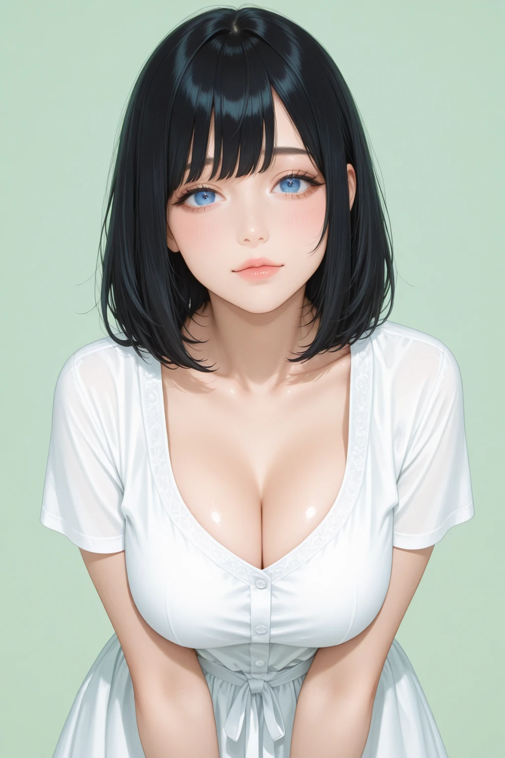 detailed eyes ,huge breasts , short hairstyle , portrait , white t-shirt , black background , black hair , smile , black eyes