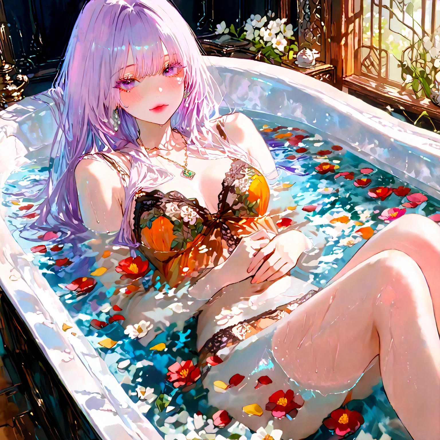 Detailed drawing。anime。Close-up。Bathing in the open-air bath。White main color、Japanese style。Blue hair updo girl。Completely naked、No bra、No underwear、White bath towel。smile。Prone
